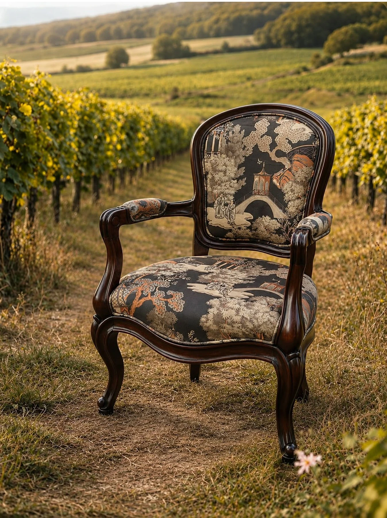 Mahogany armchair in a dark chinoiserie landscape fabric, standing in a vineyard.