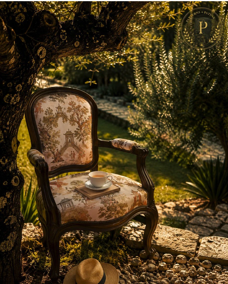 Mahogany armchair in a light chinoiserie fabric under a tree in a sunlit garden, a teacup on the seat.