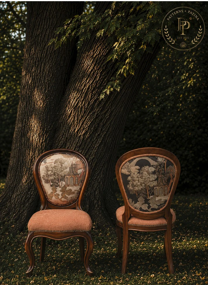 A pair of balloon-back mahogany chairs with chinoiserie backs, beneath a large tree at dusk.
