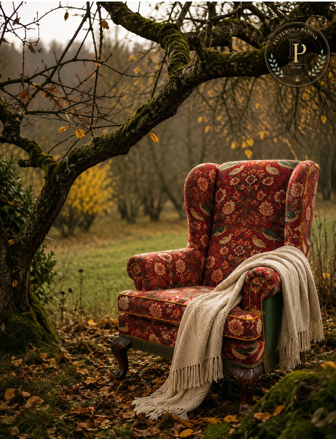 Red floral wingback chair with a cream throw, standing in an autumn orchard.