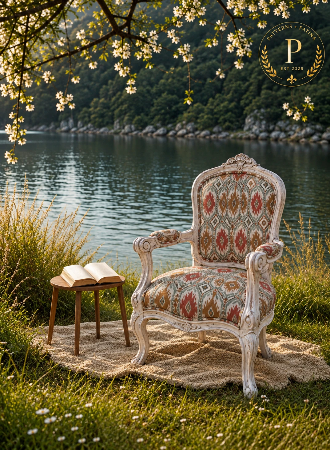 Carved white armchair in a red and green ikat beside a lake, under blossom.