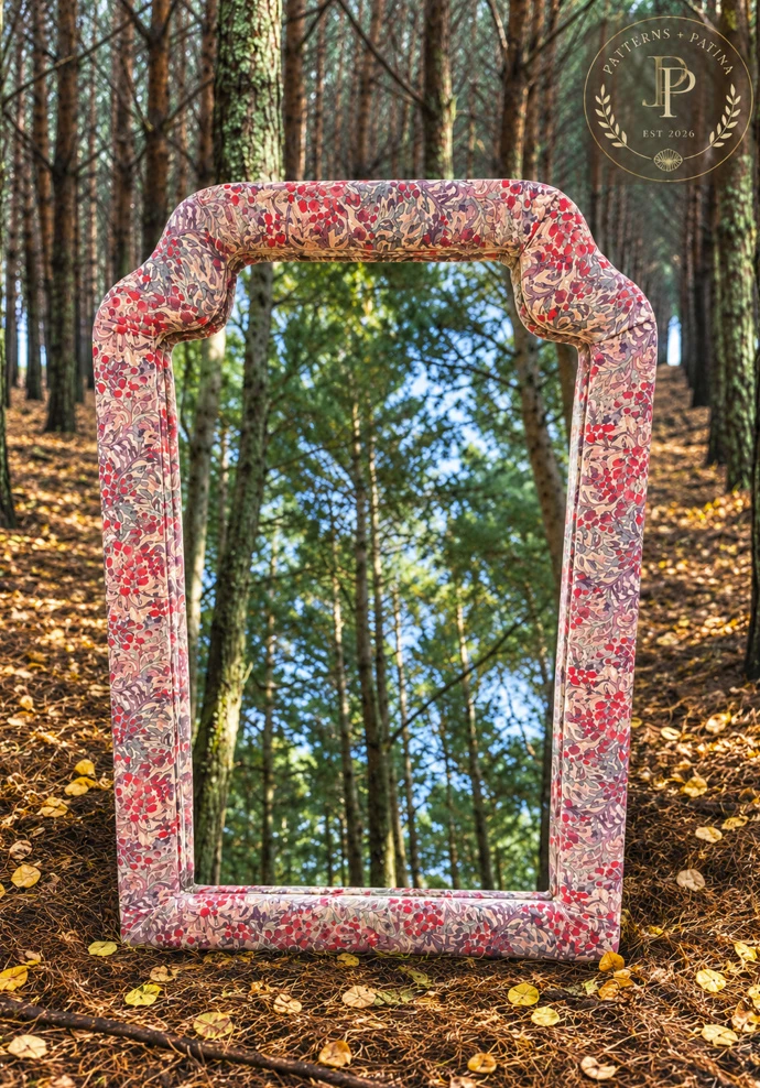 Sculptural mirror wrapped in a pink and red floral fabric, standing in a pine forest.