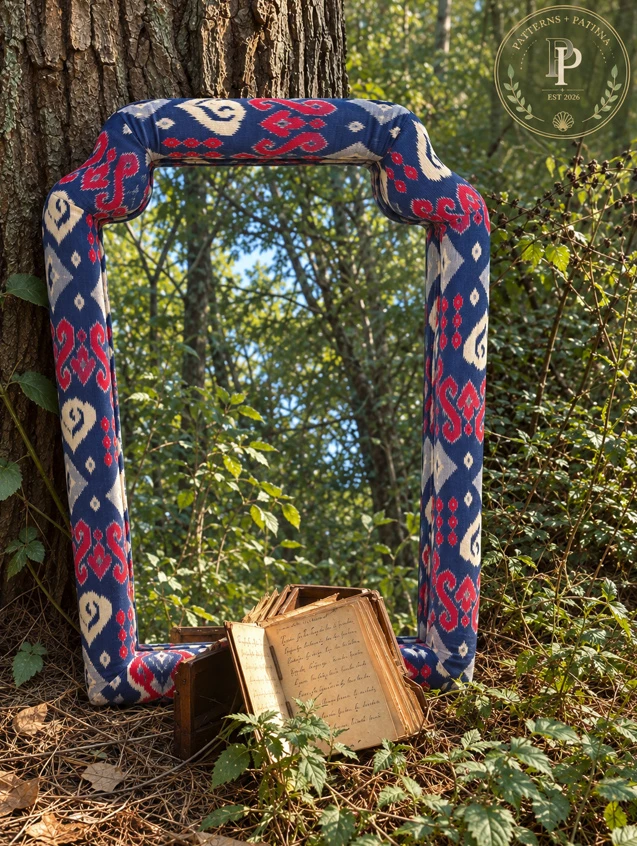 Mirror wrapped in an indigo, red and ivory ikat, leaning against a tree in woodland beside an old book.