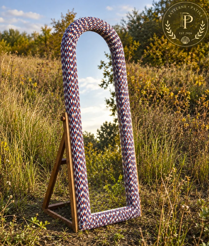 Tall arched floor mirror in an indigo, red and ivory chevron weave, on a wooden stand in a grassy meadow.