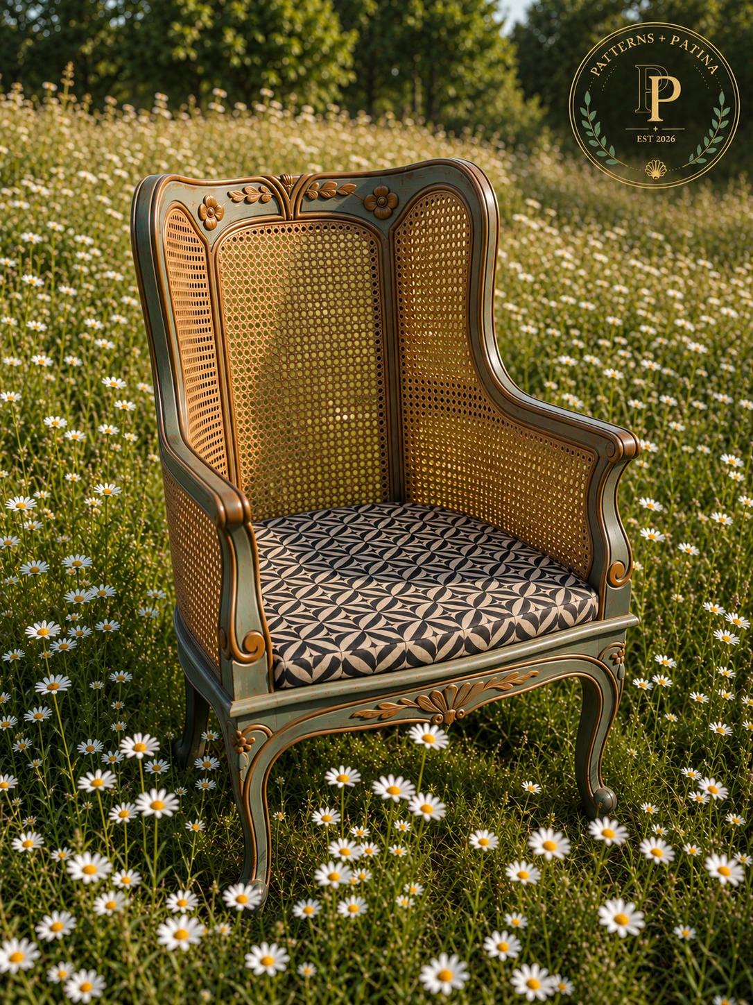Cane-backed French wingback chair with a black and ivory geometric seat, in a meadow of daisies.
